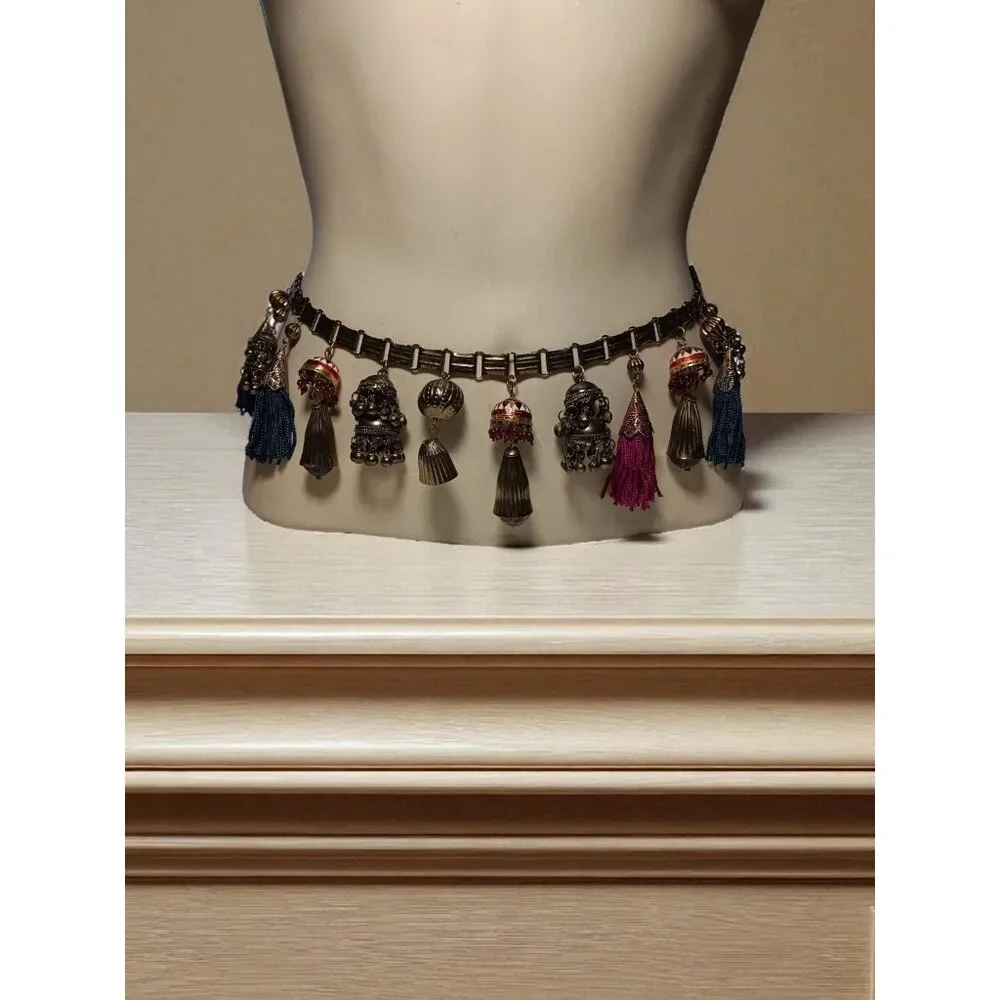 Belt Asian Inspired Brass Dangle Bobble Charms & Tassels Hari Krishna Style 34" - Picture 2 of 9